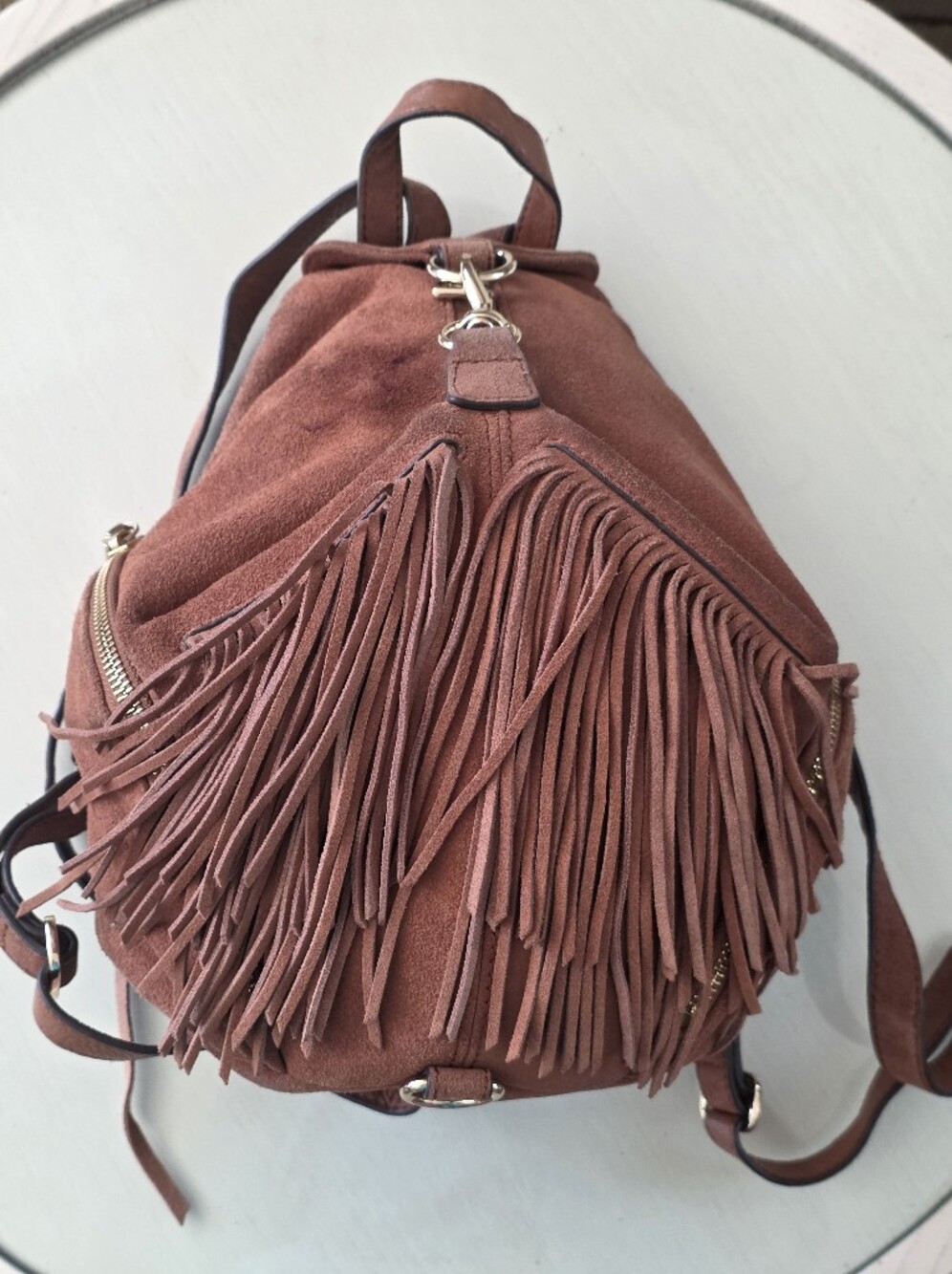 $348 Rebecca Minkoff Julian Fringe Backpack Brown Suede Concert Boho - Picture 11 of 15